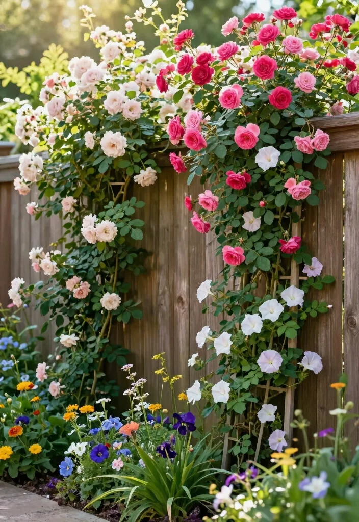 15 Border Gardens Along Fence Ideas With Lush Layers 4 15 Border Gardens Along Fence Ideas With Lush Layers - 4. Climbing Plants for Vertical Interest 1