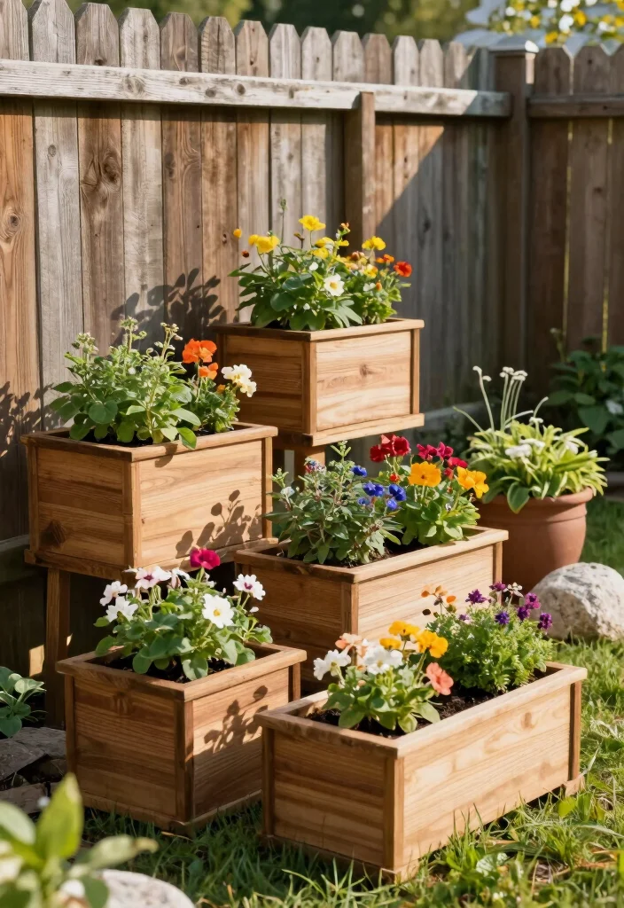 15 Border Gardens Along Fence Ideas With Lush Layers 5 15 Border Gardens Along Fence Ideas With Lush Layers - 5. Natural Wood Planters 1