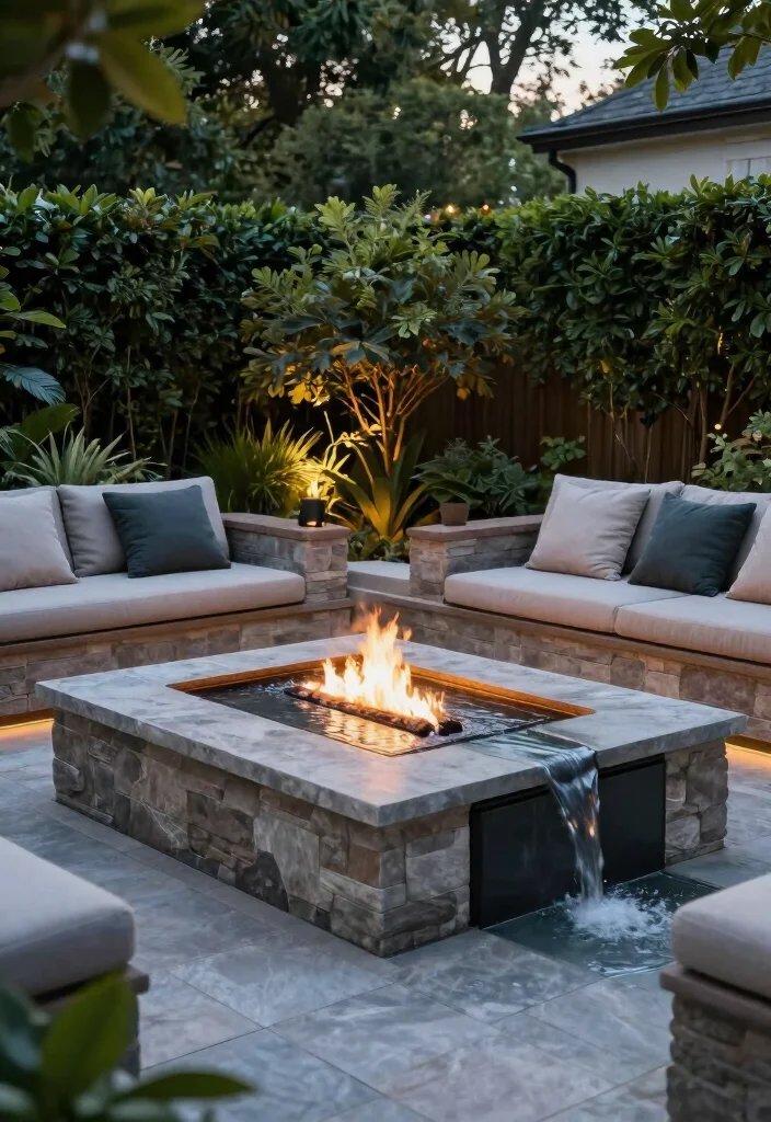 15 Deck Fire Pit Ideas That Feel Warm & Welcoming - 12. Chic Fire Pit with Water Feature 1