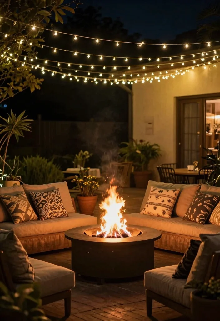 15 Deck Fire Pit Ideas That Feel Warm & Welcoming - 15. Fire Pit with String Lights 1