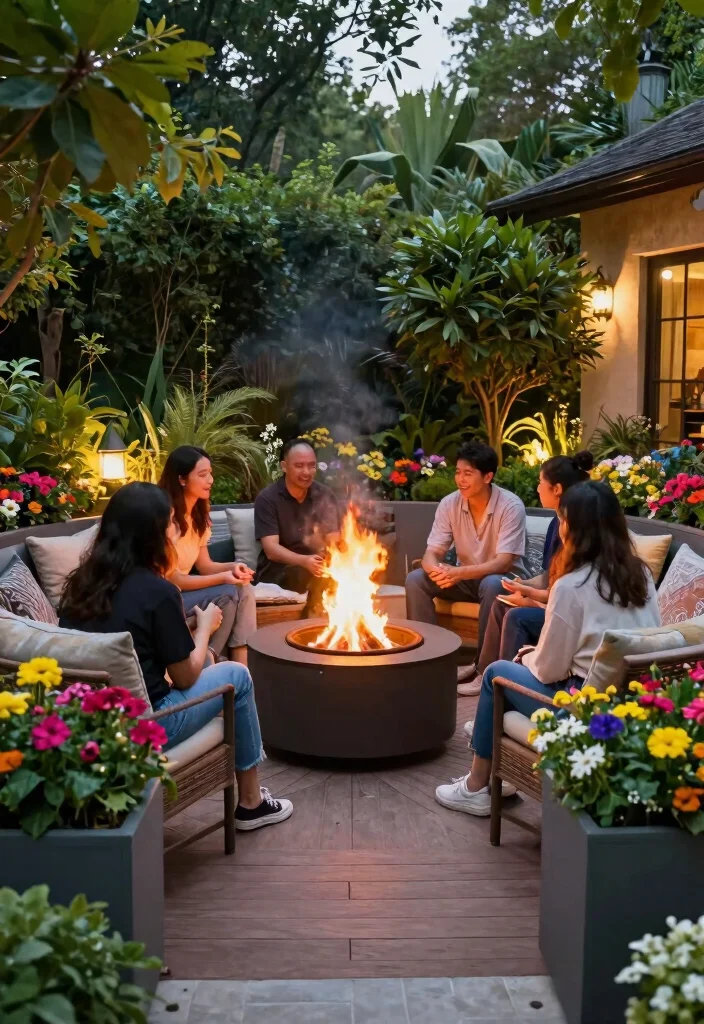 15 Deck Fire Pit Ideas That Feel Warm & Welcoming - 6. Fire Pit with Surrounding Planters 1