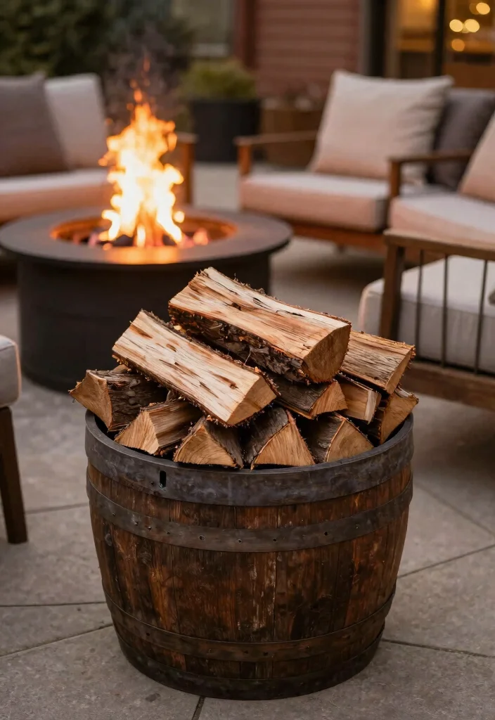 15 Half Barrel Planter Ideas With Rustic Charm 10 15 Half Barrel Planter Ideas With Rustic Charm - 10. Cozy Firewood Holder 1
