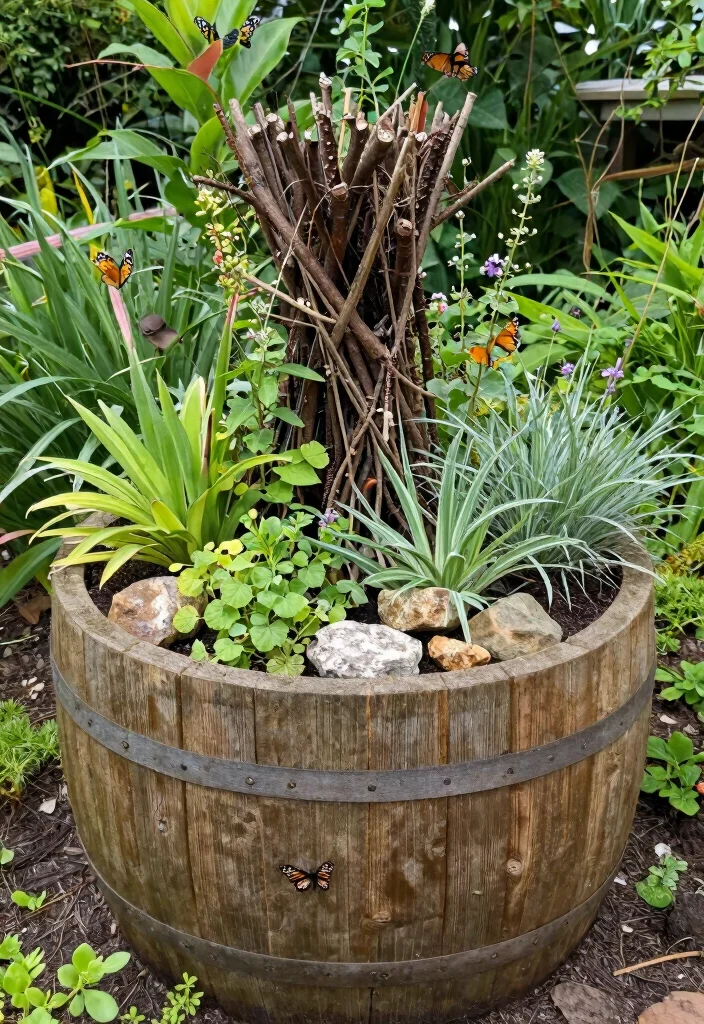 15 Half Barrel Planter Ideas With Rustic Charm 15 15 Half Barrel Planter Ideas With Rustic Charm - 15. Upcycled Wildlife Habitat 1