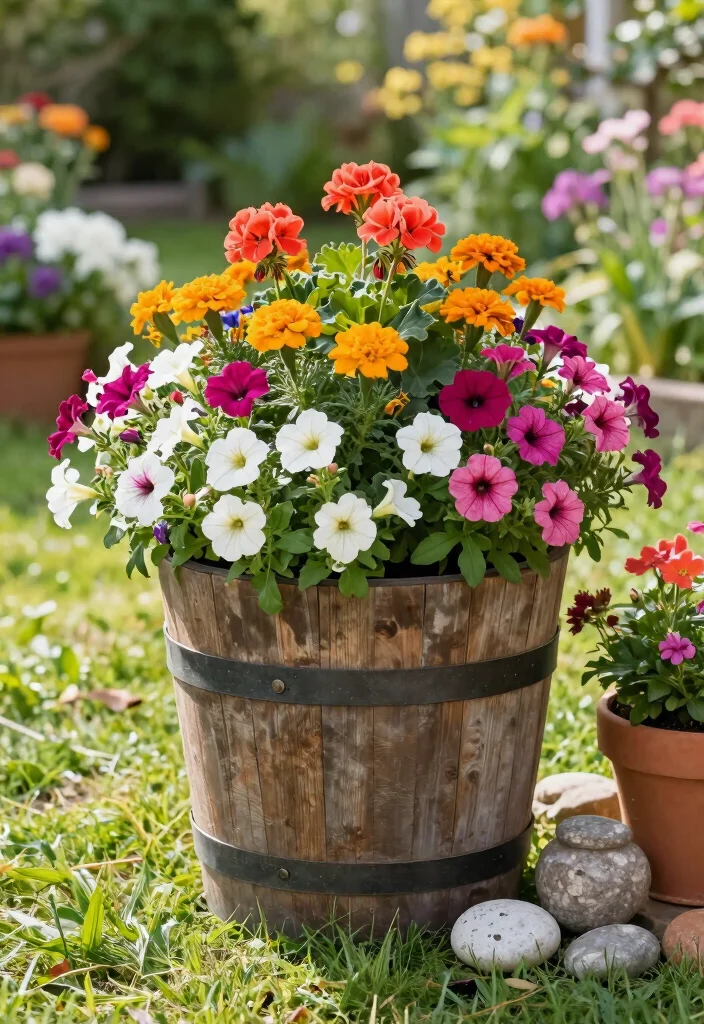 15 Half Barrel Planter Ideas With Rustic Charm 2 15 Half Barrel Planter Ideas With Rustic Charm - 2. Colorful Flower Display 1