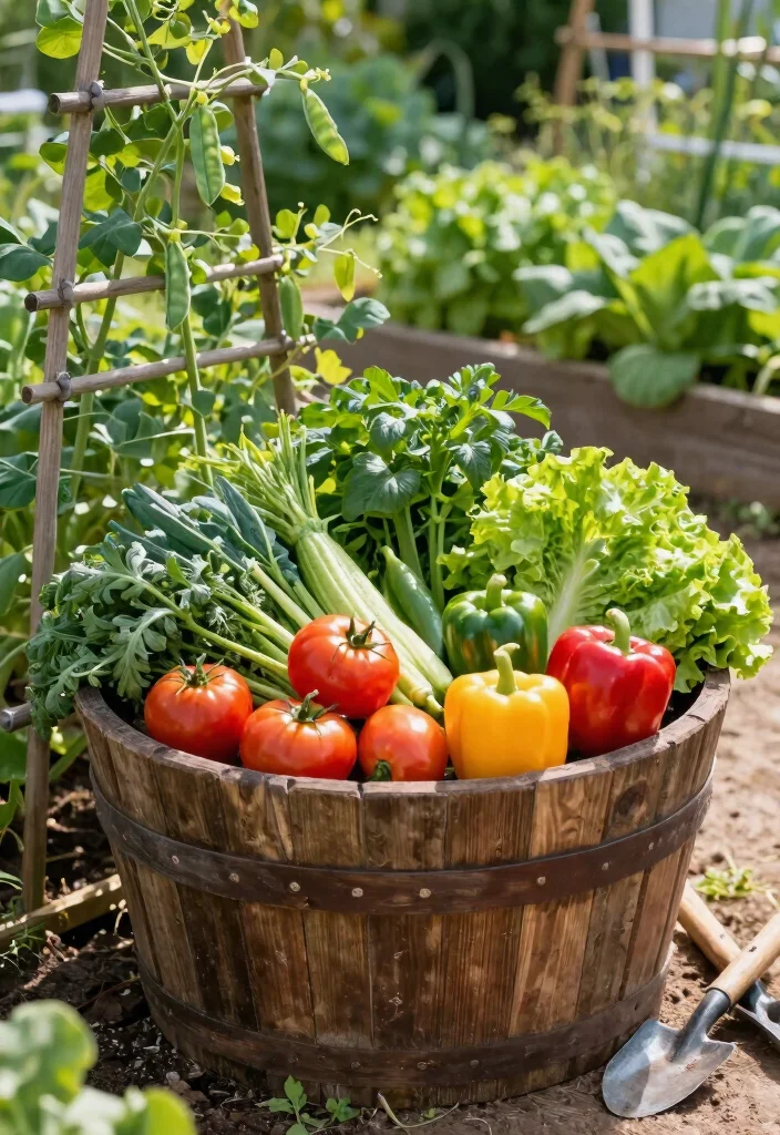 15 Half Barrel Planter Ideas With Rustic Charm 3 15 Half Barrel Planter Ideas With Rustic Charm - 3. Rustic Vegetable Garden 1