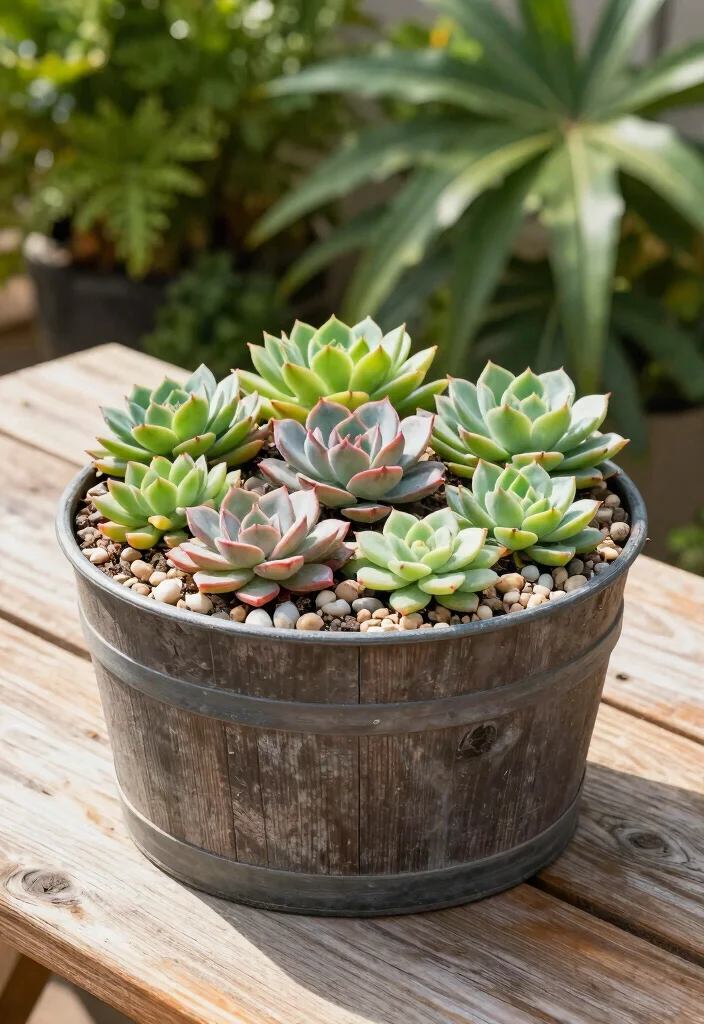 15 Half Barrel Planter Ideas With Rustic Charm 4 15 Half Barrel Planter Ideas With Rustic Charm - 4. Charming Succulent Arrangement 1