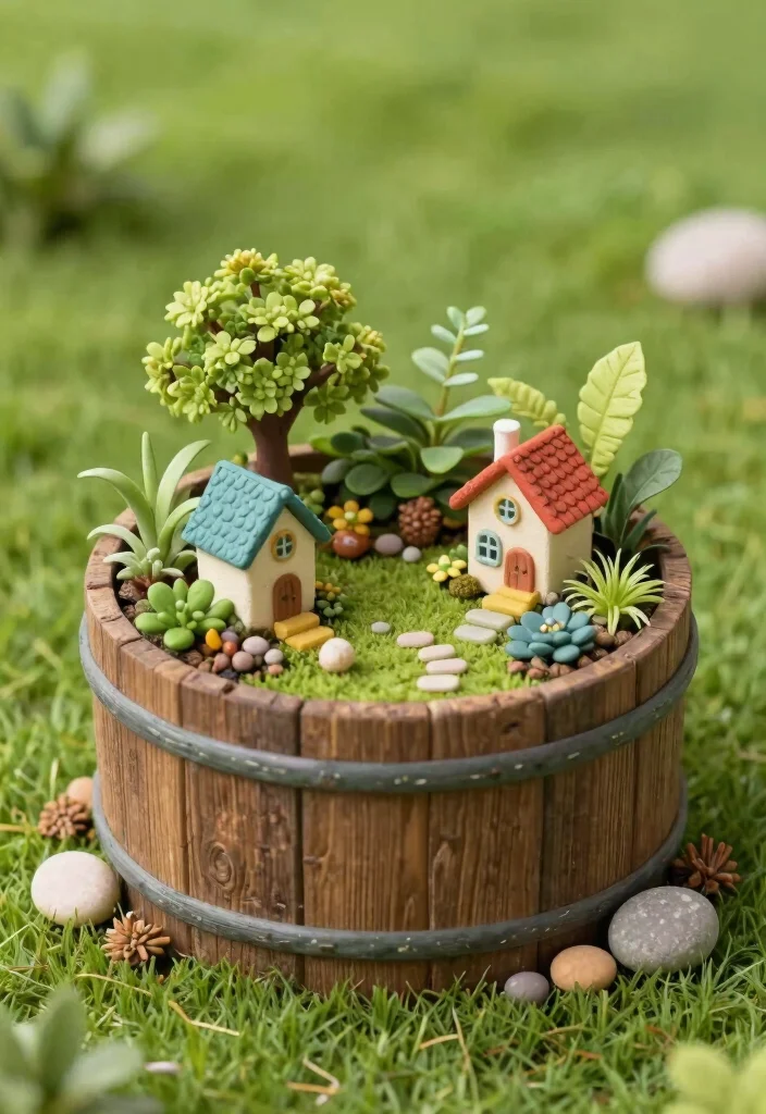 15 Half Barrel Planter Ideas With Rustic Charm 5 15 Half Barrel Planter Ideas With Rustic Charm - 5. Whimsical Fairy Garden 1