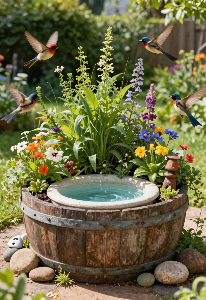 15 Half Barrel Planter Ideas With Rustic Charm 6 15 Half Barrel Planter Ideas With Rustic Charm - 6. Rustic Birdbath Planter 1