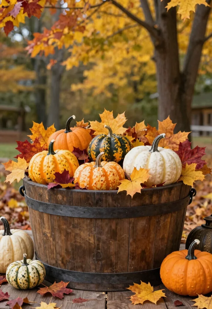 15 Half Barrel Planter Ideas With Rustic Charm 9 15 Half Barrel Planter Ideas With Rustic Charm - 9. Seasonal Decor Display 1