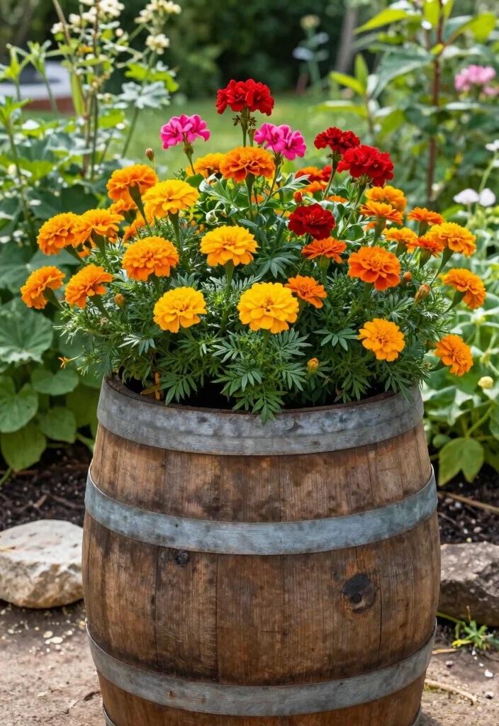 15 Mosquito Repelling Planter Ideas With Functional Beauty 10 15 Mosquito Repelling Planter Ideas With Functional Beauty - 10. Rustic Barrel Planter with Insect-Repelling Flowers 1