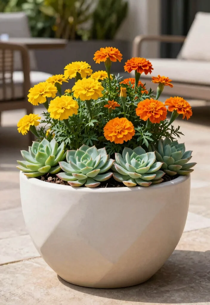 15 Mosquito Repelling Planter Ideas With Functional Beauty 2 15 Mosquito Repelling Planter Ideas With Functional Beauty - 2. Succulent and Marigold Combo Planter 1