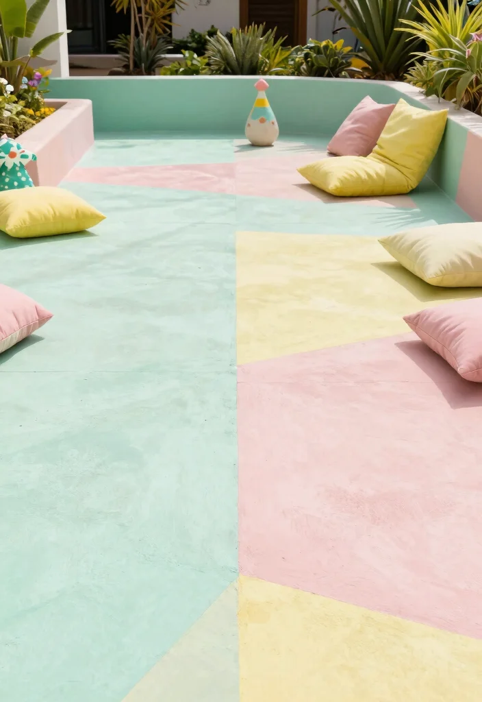 15 Painting Concrete Patio Ideas That Refresh Your Space - 11. Playful Pastels 1