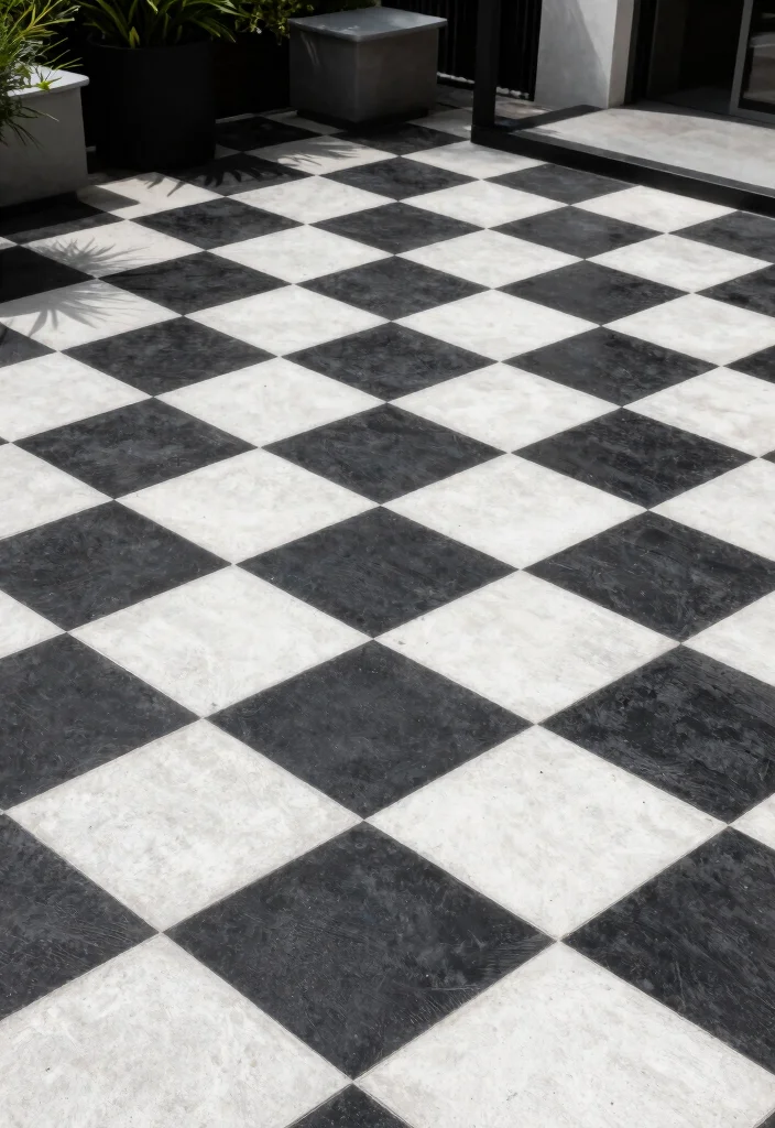 15 Painting Concrete Patio Ideas That Refresh Your Space - 8. Bold Black and White 1