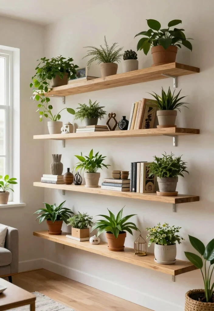 15 Planter on Wall Ideas With Modern Vertical Style - 8. Wall-Mounted Shelves with Potted Plants 1