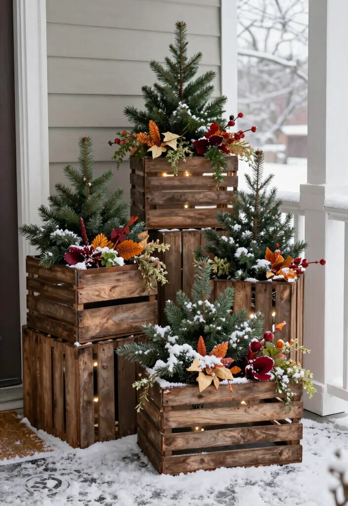 15 Winter Porch Pots Ideas With Seasonal Charm 10 15 Winter Porch Pots Ideas With Seasonal Charm - 10. Vintage Wine Crate Displays 1