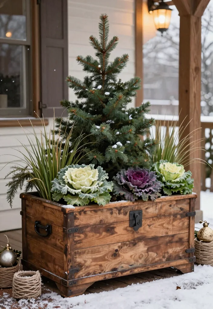 15 Winter Porch Pots Ideas With Seasonal Charm 3 15 Winter Porch Pots Ideas With Seasonal Charm - 3. Rustic Trunk Planters 1