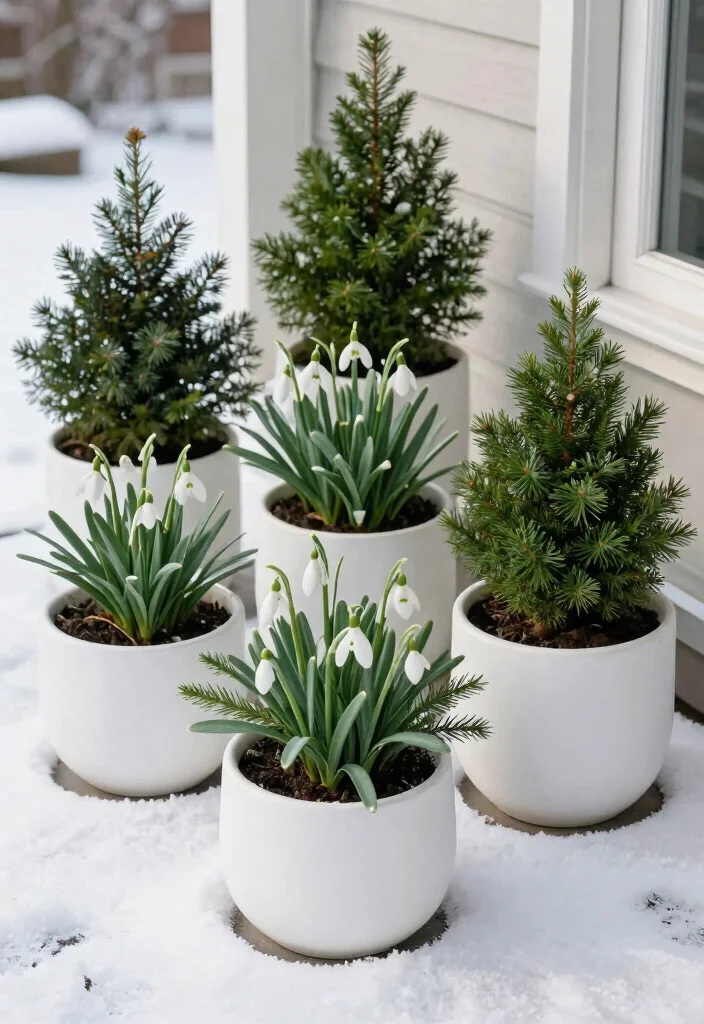 15 Winter Porch Pots Ideas With Seasonal Charm 4 15 Winter Porch Pots Ideas With Seasonal Charm - 4. Minimalist White Ceramic Pots 1