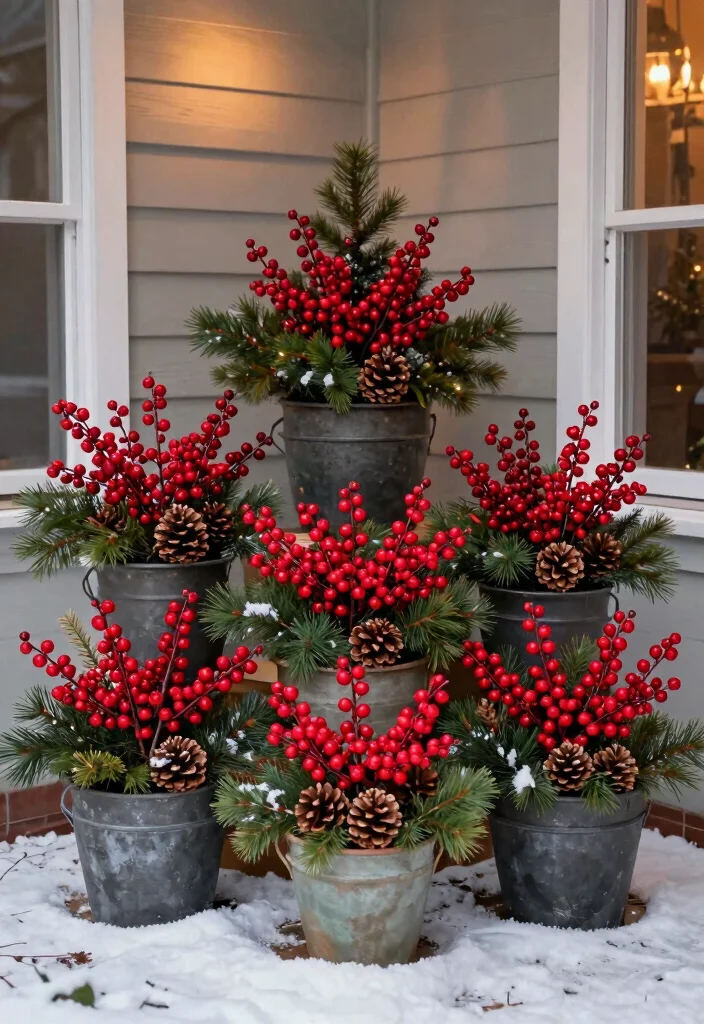 15 Winter Porch Pots Ideas With Seasonal Charm 5 15 Winter Porch Pots Ideas With Seasonal Charm - 5. Playful Berry and Pinecone Cluster 1