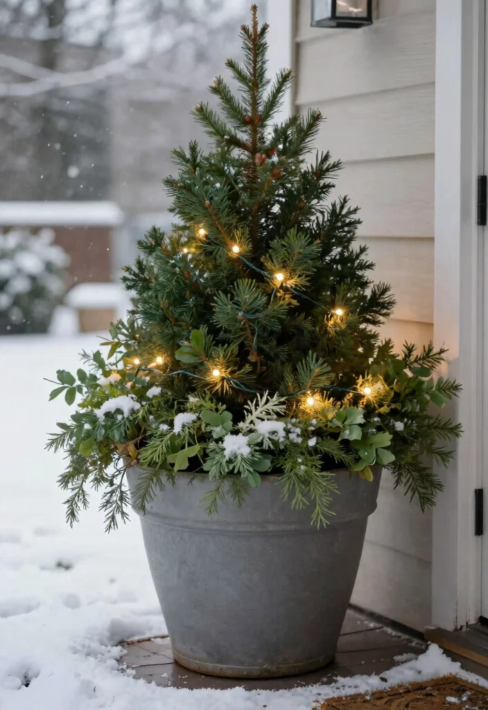 15 Winter Porch Pots Ideas With Seasonal Charm 9 15 Winter Porch Pots Ideas With Seasonal Charm - 9. Layered Greens with Lighting 1