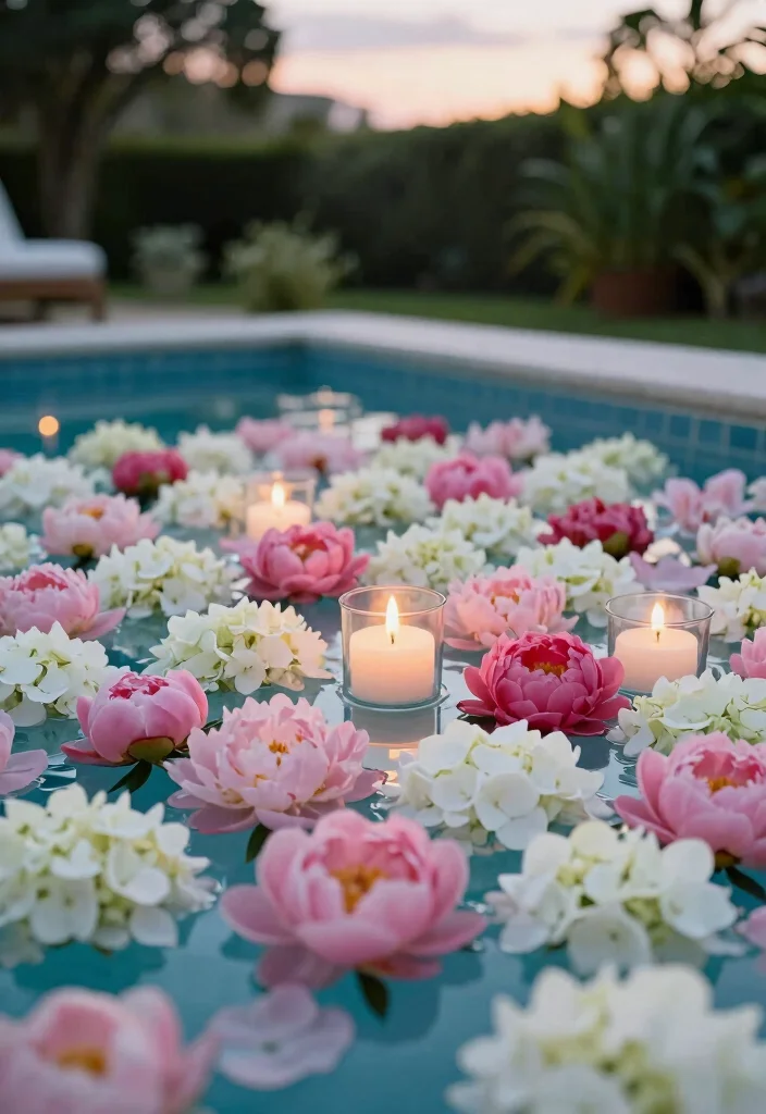16 Backyard Wedding Pool Ideas With Dreamy Ambience 1 16 Backyard Wedding Pool Ideas With Dreamy Ambience - 1. Floating Floral Arrangements 1