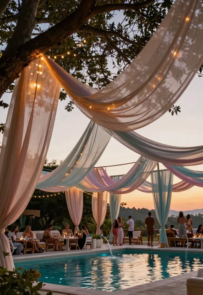 16 Backyard Wedding Pool Ideas With Dreamy Ambience 7 16 Backyard Wedding Pool Ideas With Dreamy Ambience - 7. Ethereal Drapery 1
