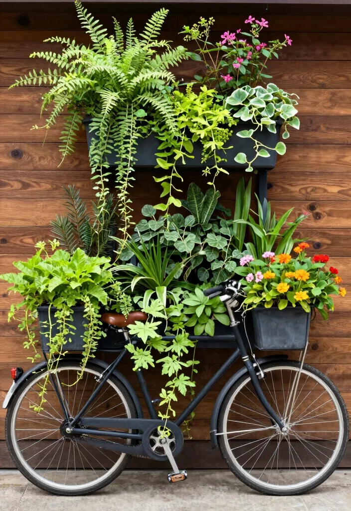 16 Bicycle Planter Ideas With Whimsical Flair 11 16 Bicycle Planter Ideas With Whimsical Flair - 11. Bicycle Planter in a Vertical Garden 1