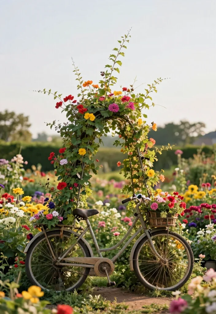 16 Bicycle Planter Ideas With Whimsical Flair 4 16 Bicycle Planter Ideas With Whimsical Flair - 4. Bicycle Wheel Trellis 1