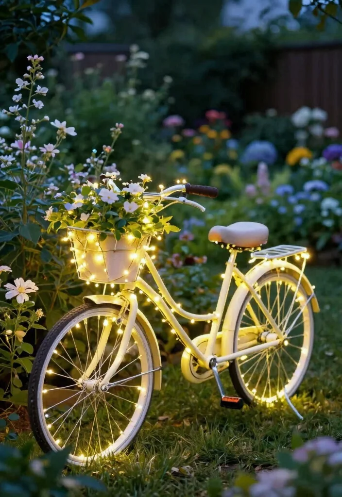 16 Bicycle Planter Ideas With Whimsical Flair 6 16 Bicycle Planter Ideas With Whimsical Flair - 6. Bicycle Planter with Fairy Lights 1