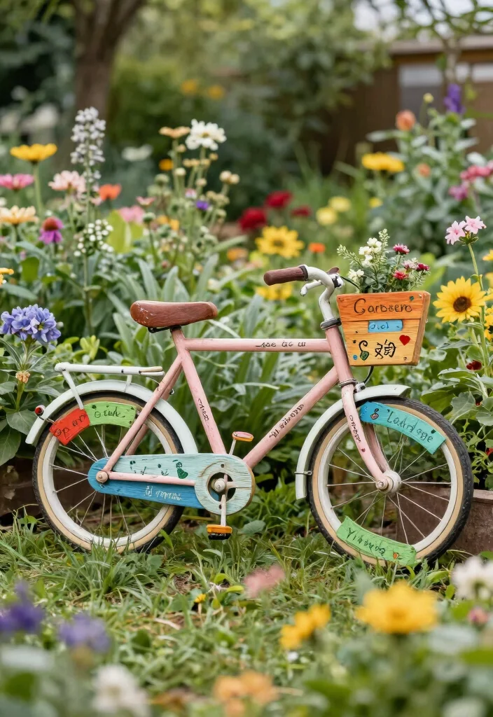 16 Bicycle Planter Ideas With Whimsical Flair 9 16 Bicycle Planter Ideas With Whimsical Flair - 9. Whimsical Bicycle Garden Sign 1