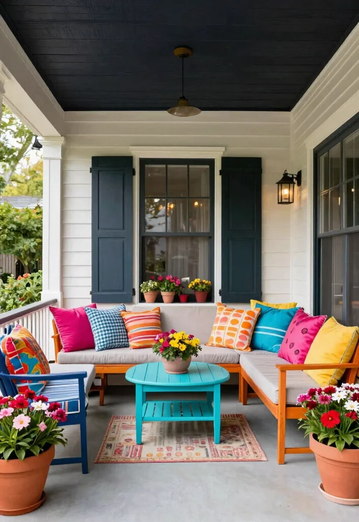 16 Black Porch Ceiling Ideas With Bold Modern Contrast - 13. Black Ceiling with Bright Pops of Color 1