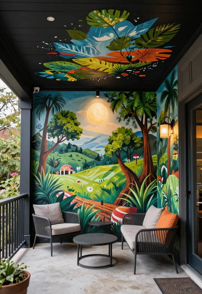 16 Black Porch Ceiling Ideas With Bold Modern Contrast - 15. Black Ceiling with Outdoor Artwork 1