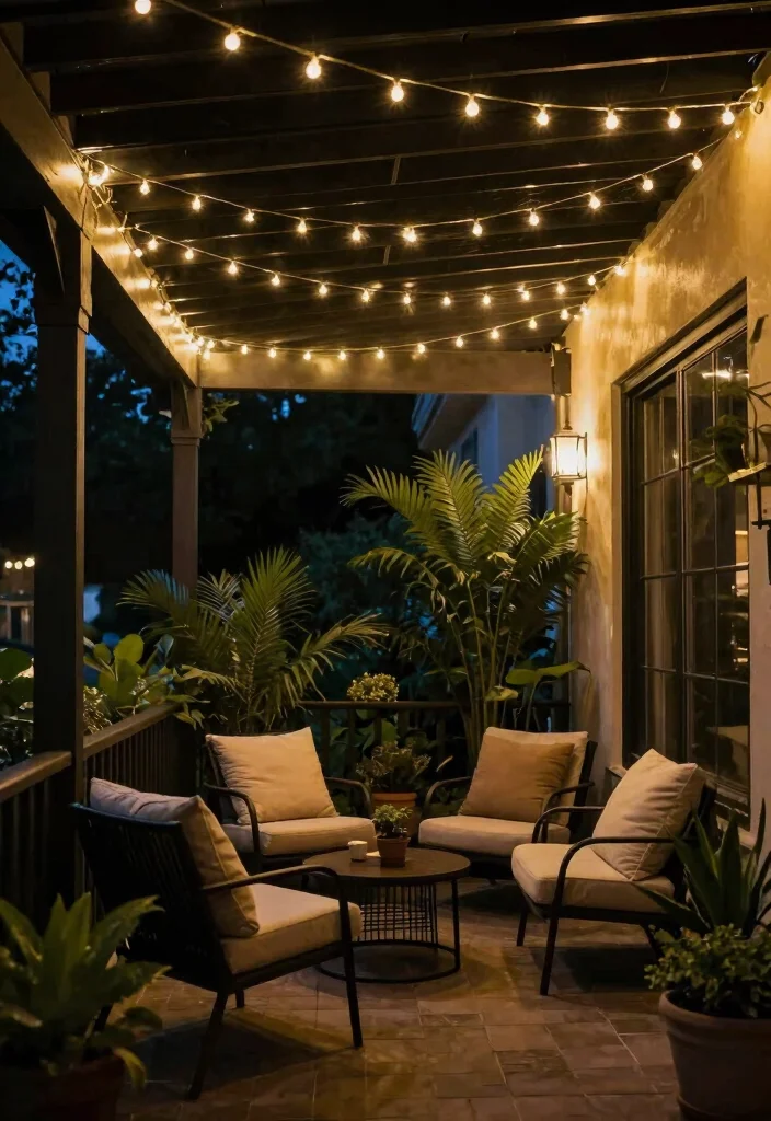 16 Black Porch Ceiling Ideas With Bold Modern Contrast - 16. Black Ceiling with String Lights 1