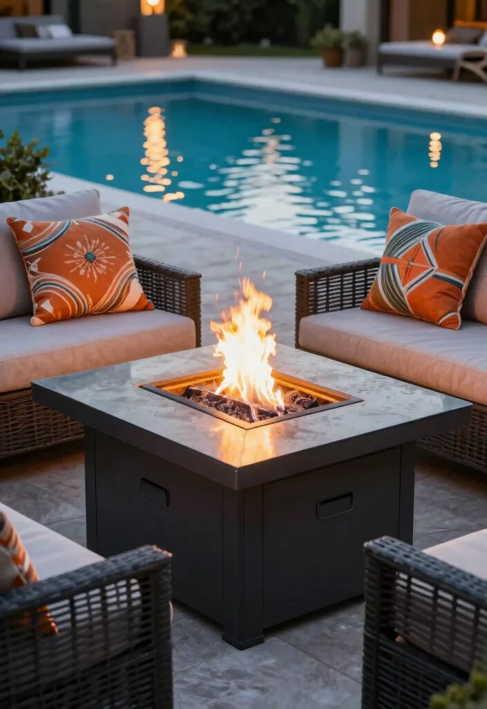 16 Fire Pit Near Pool Ideas With Resort Vibes 4 16 Fire Pit Near Pool Ideas With Resort Vibes - 4. Fire Pit Table with Glass Surround 1