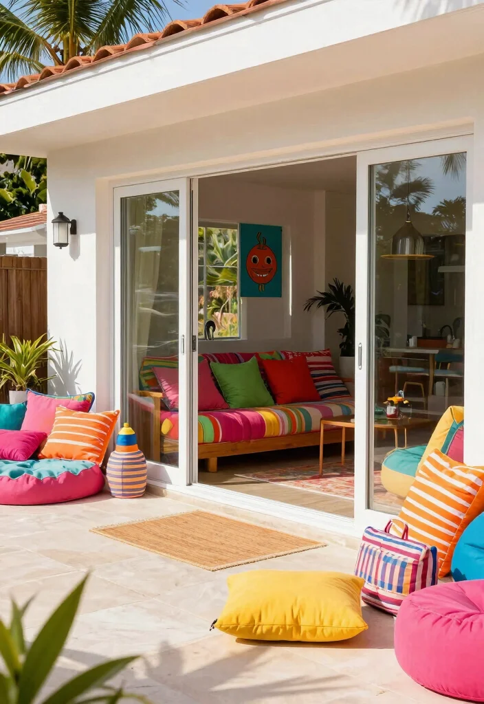 16 Large Sliding Glass Doors Patio Ideas That Blur Indoors & Out 5 16 Large Sliding Glass Doors Patio Ideas That Blur Indoors & Out - 5. Colorful Accents for Vibrancy 1
