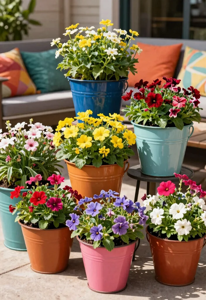16 Patio Planter Ideas That Add Instant Color - 10. Colorful Metal Planters 1