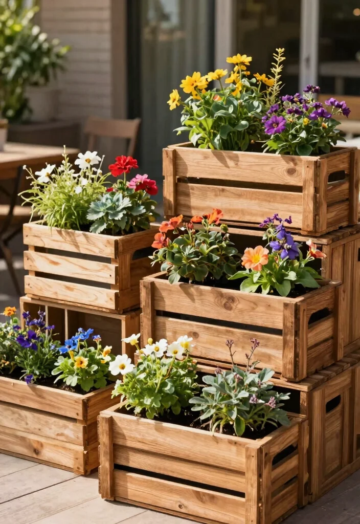 16 Patio Planter Ideas That Add Instant Color - 12. Wooden Crate Planters 1