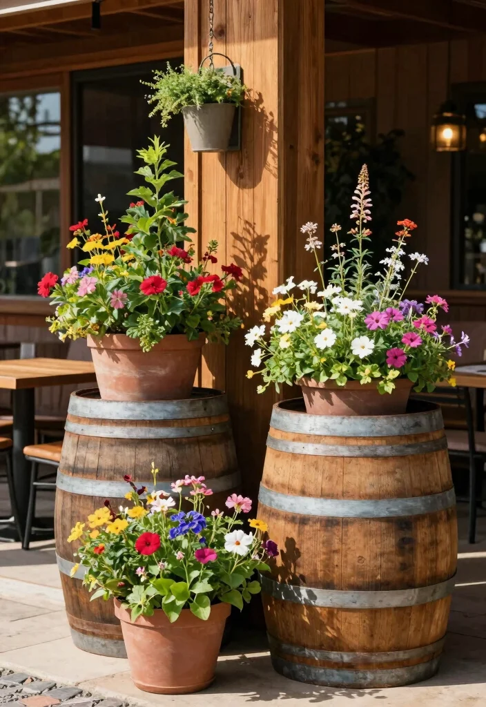 16 Patio Planter Ideas That Add Instant Color - 9. Filled Barrel Planters 1