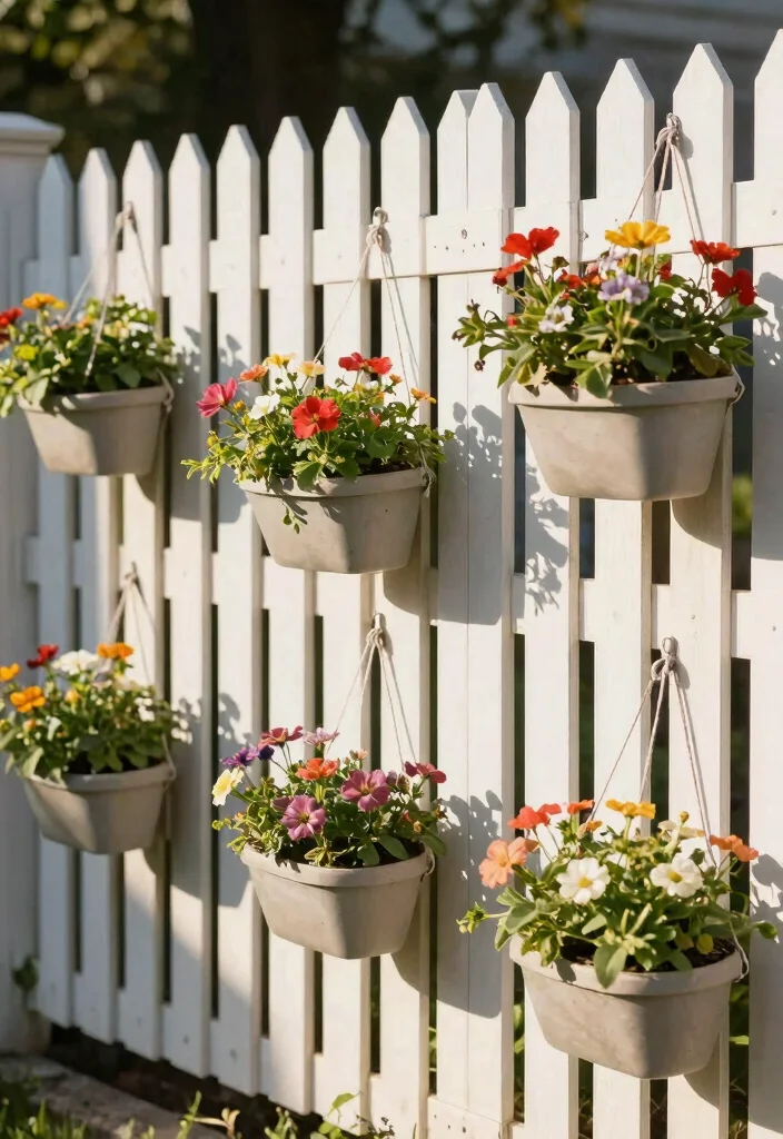 16 Picket Fence Decor Ideas With Charming Details 13 16 Picket Fence Decor Ideas With Charming Details - 13. Hanging Planters 1