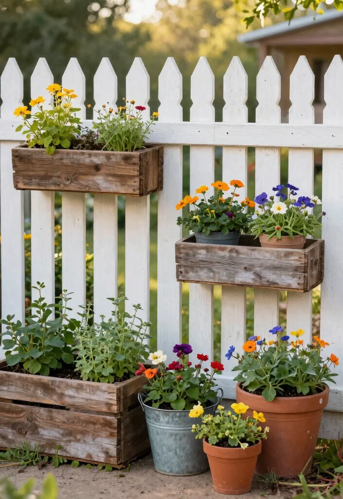 16 Picket Fence Decor Ideas With Charming Details 7 16 Picket Fence Decor Ideas With Charming Details - 7. Rustic Planters 1