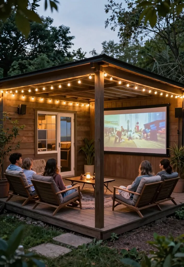 16 Shed With Porch Ideas That Feel Cozy & Practical 13 16 Shed With Porch Ideas That Feel Cozy & Practical - 13. Outdoor Movie Lounge 1