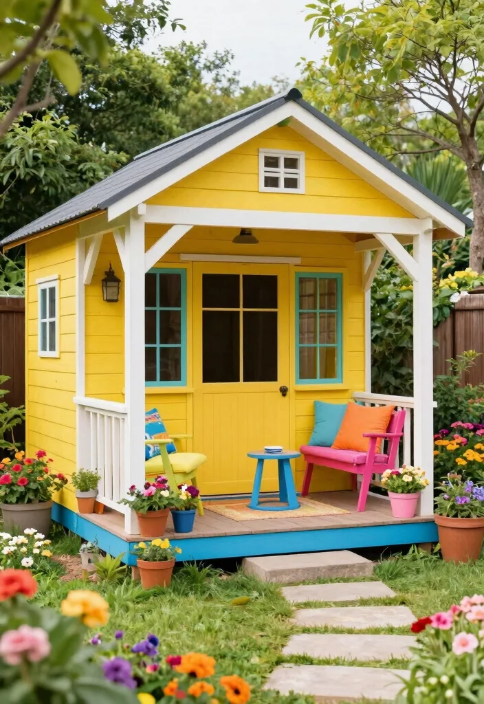 16 Shed With Porch Ideas That Feel Cozy & Practical 8 16 Shed With Porch Ideas That Feel Cozy & Practical - 8. Colorful Oasis 1