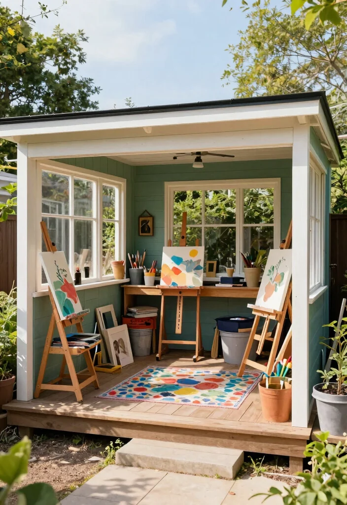 16 Shed With Porch Ideas That Feel Cozy & Practical 9 16 Shed With Porch Ideas That Feel Cozy & Practical - 9. Artistic Studio Space 1