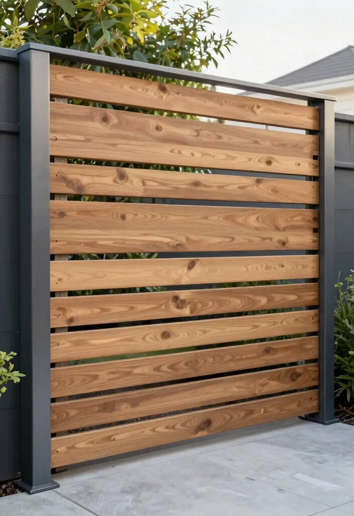 16 Wood and Metal Fence Ideas With Modern Contrast 13 16 Wood and Metal Fence Ideas With Modern Contrast - 13. Horizontal Slats with Metal Frames 1