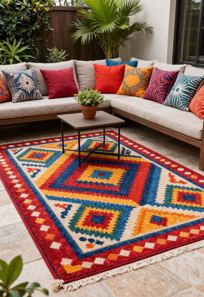 17 Colorful Patio Decor Ideas That Pop Beautifully 7 17 Colorful Patio Decor Ideas That Pop Beautifully - 7. Statement Rugs 1