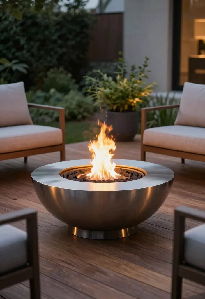 17 Fire Pit Outdoor Ideas for Cozy Backyard Nights - 3. Modern Fire Bowl on a Deck 1
