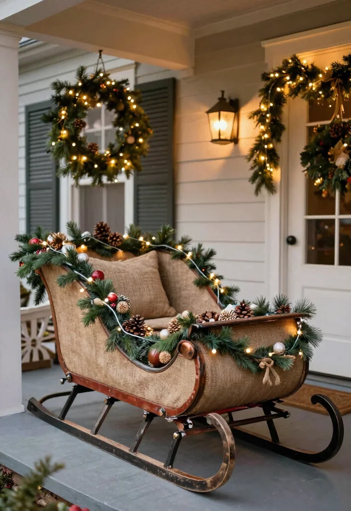 17 Holiday Front Porch Decor Ideas That Sparkle Bright 9 17 Holiday Front Porch Decor Ideas That Sparkle Bright - 9. Sleigh and Garland Displays 1
