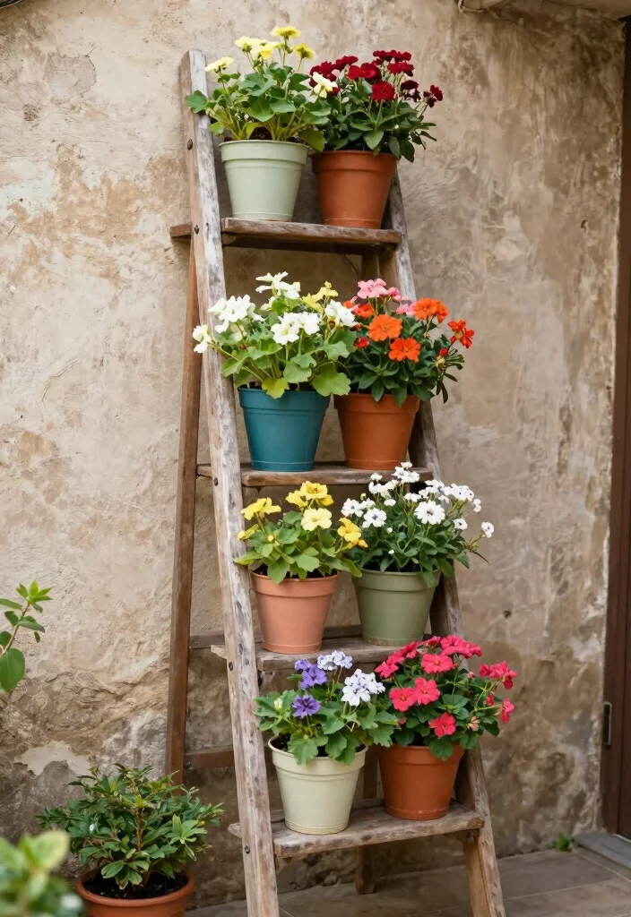 17 Vertical Garden Wall Planter Ideas That Save Space - 7. Repurposed Ladder Planter 1