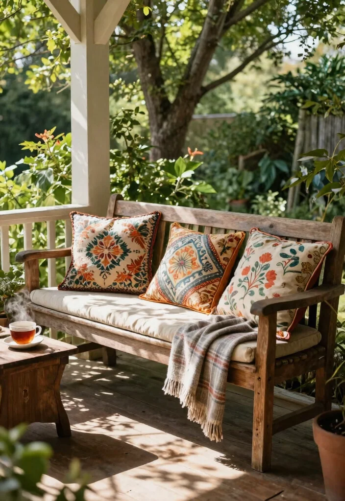 17 Vintage Porch Decor Ideas With Timeless Appeal 1 17 Vintage Porch Decor Ideas With Timeless Appeal - 1. Rustic Bench with Vintage Cushions 1
