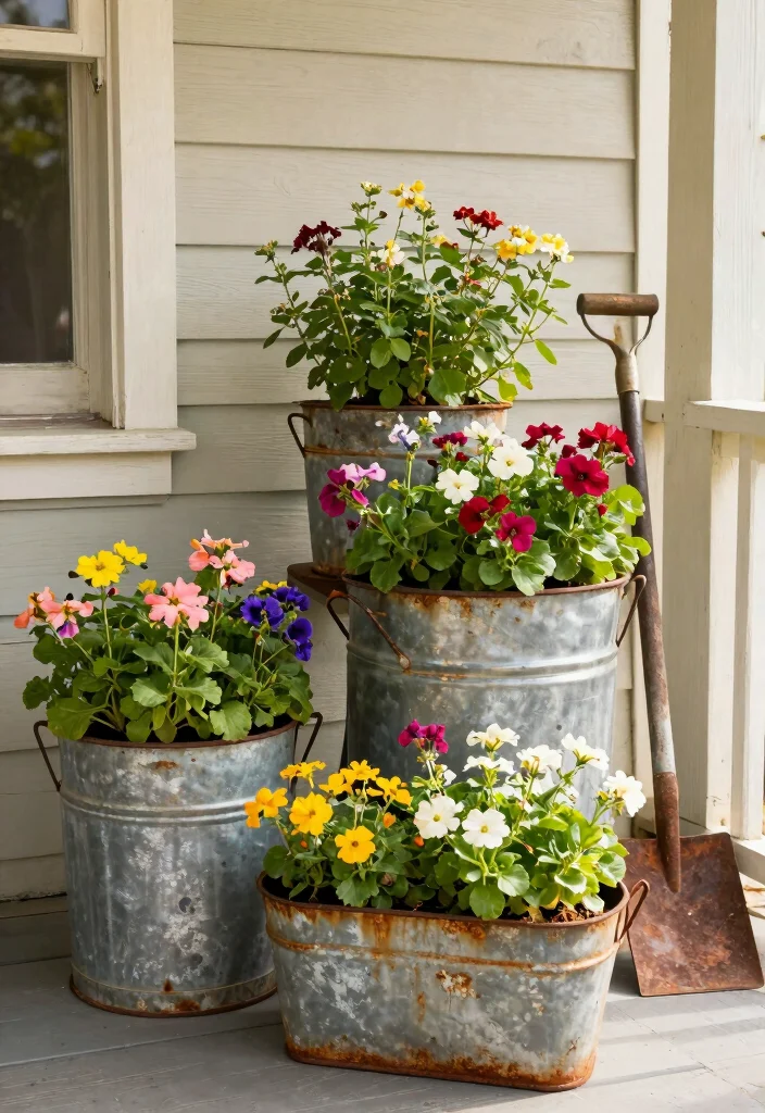 17 Vintage Porch Decor Ideas With Timeless Appeal 3 17 Vintage Porch Decor Ideas With Timeless Appeal - 3. Weathered Metal Planters 1