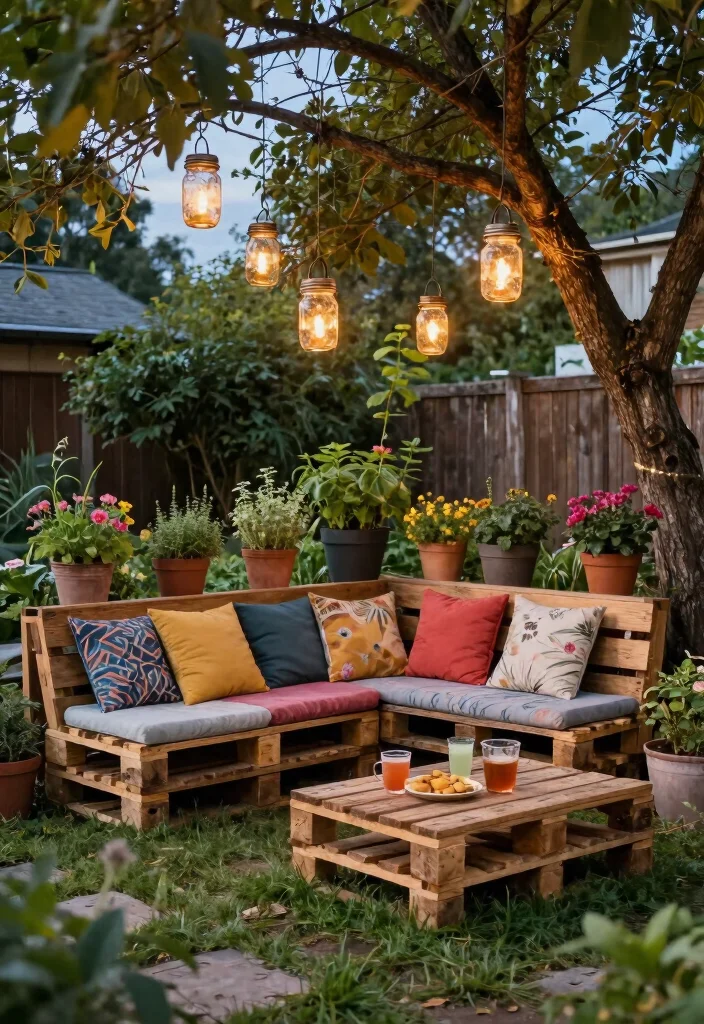 18 Cozy & Inviting Backyard Seating Ideas That Feel Like Home - 1. Rustic Wooden Pallet Seating 1